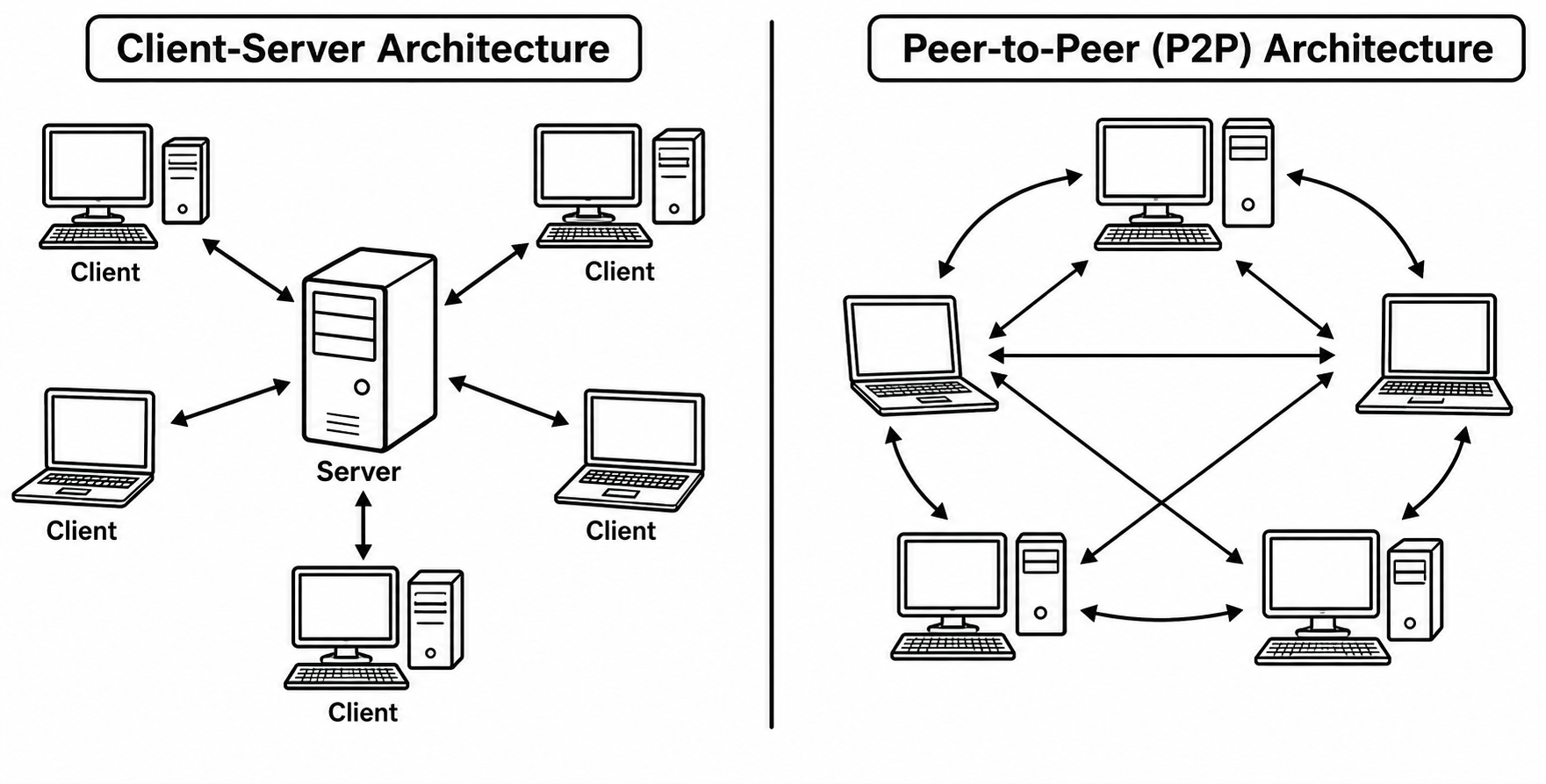 Comparison diagram of client-server and peer-to-peer architectures