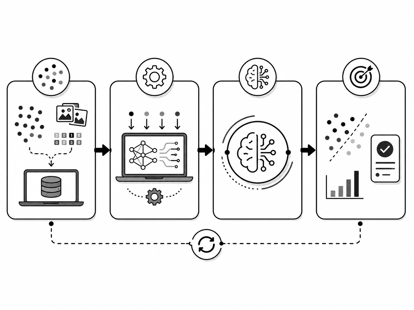 Machine learning steps: collect data, prepare, train, test and predict.
