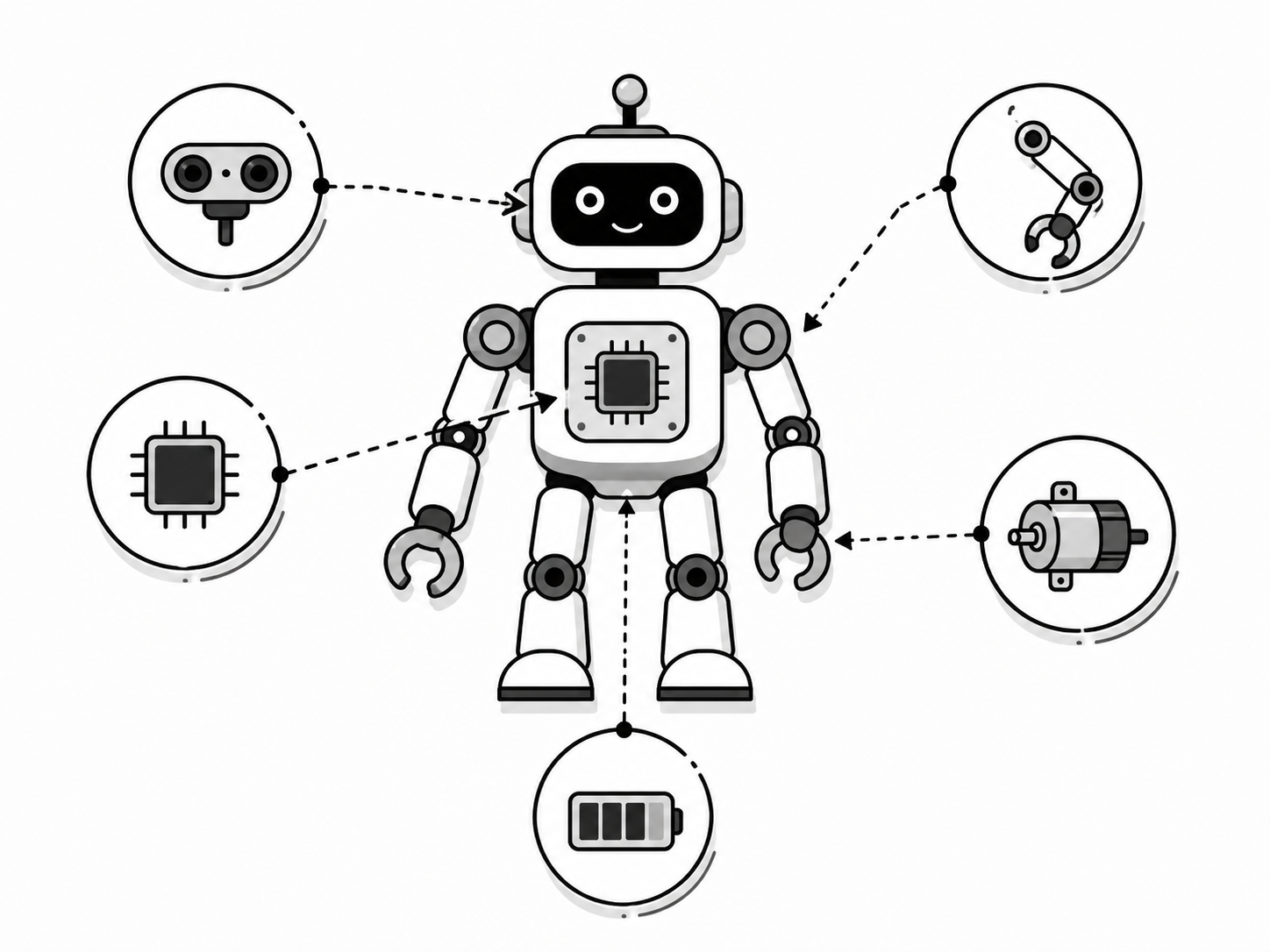 Main parts of a robot: sensors, controller, motors, arm and battery.