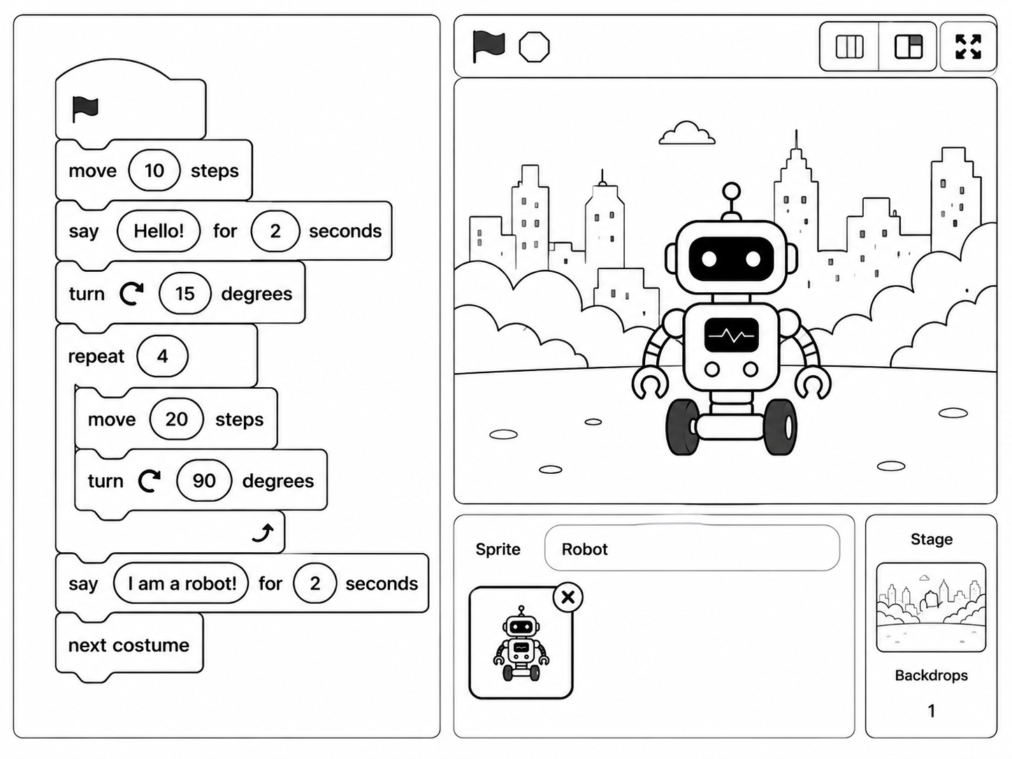 A Scratch-style block script that makes a robot sprite move and bounce off the edge.
