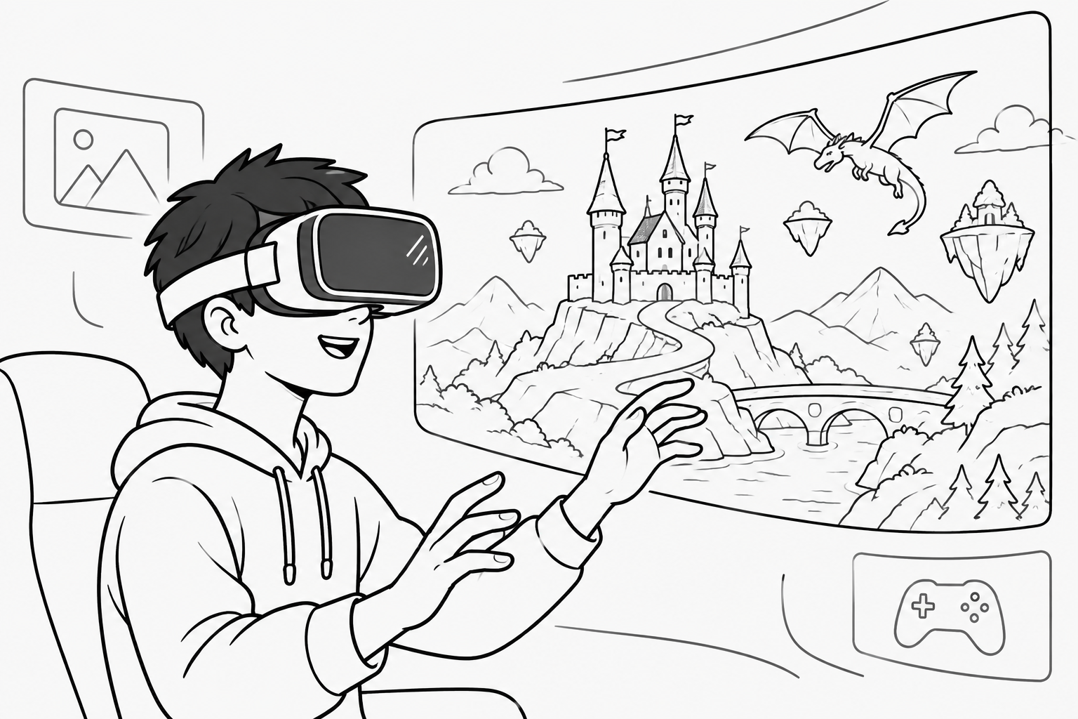 A person wearing a VR headset and seeing a virtual 3D world.